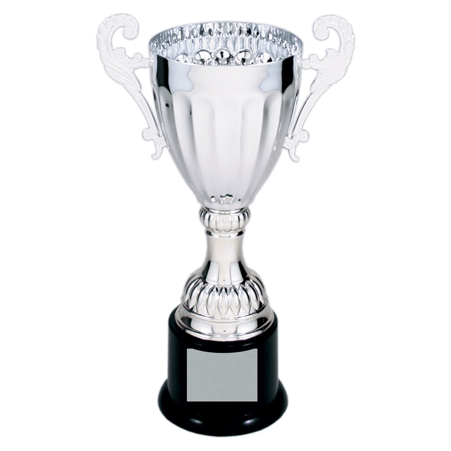 Completed Metal Cup Trophies, Blank (Single or 5) - 8 3/4" Silver Completed Metal Cup Trophy on Plastic Base (CMC301S)
