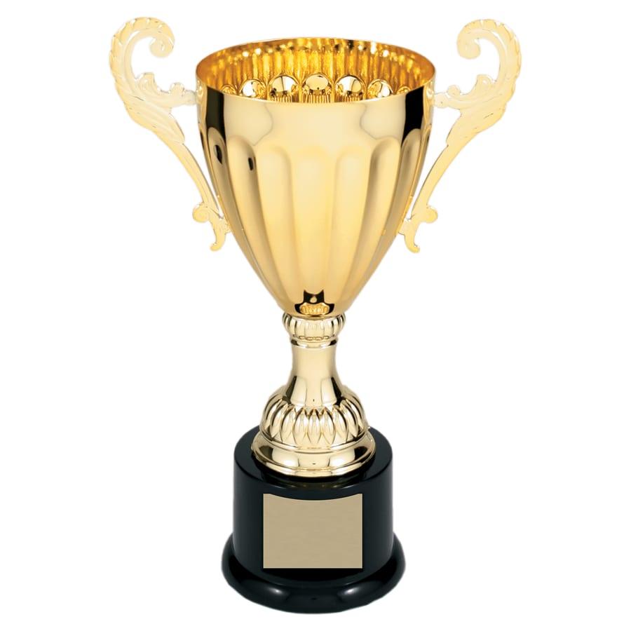 Completed Metal Cup Trophies, Blank (Single or 5) - 9 3/4" Gold Completed Metal Cup Trophy on Plastic Base (CMC302G)