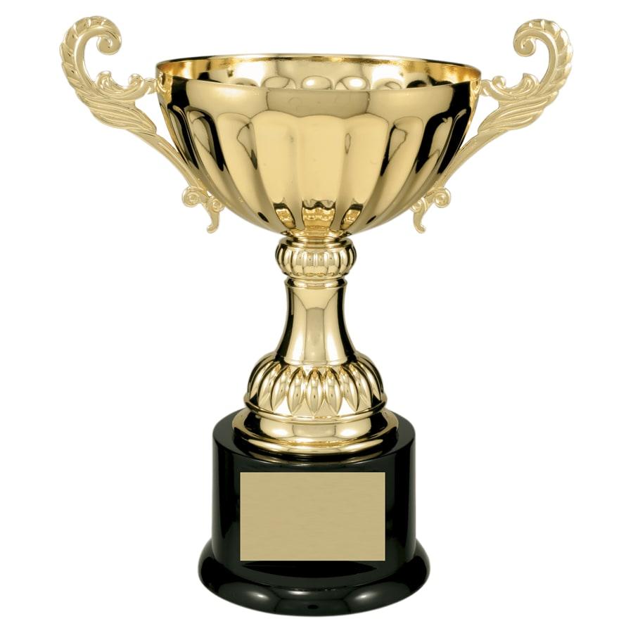 Completed Metal Cup Trophies, Blank (Single or 5) - 9 3/4" Gold Completed Metal Cup Trophy on Plastic Base
