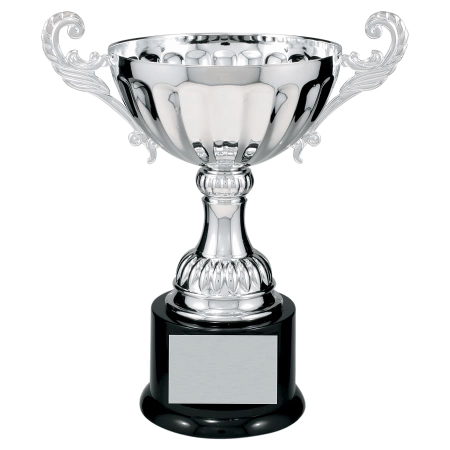 Completed Metal Cup Trophies, Blank (Single or 5) - 9 3/4" Silver Completed Metal Cup Trophy on Plastic Base