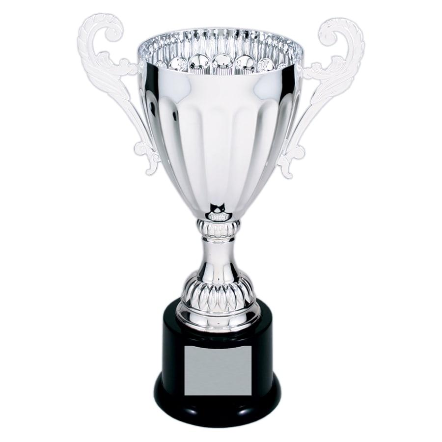 Completed Metal Cup Trophies, Blank (Single or 5) - 9 3/4" Silver Completed Metal Cup Trophy on Plastic Base (CMC302S)