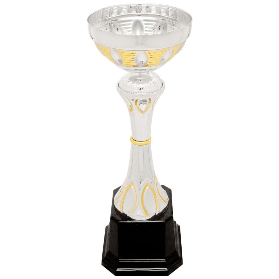 Completed Metal Cup Trophies, Blank (Single or 5) - 9 3/4" Silver/Gold Completed Metal Cup Trophy on Plastic Base
