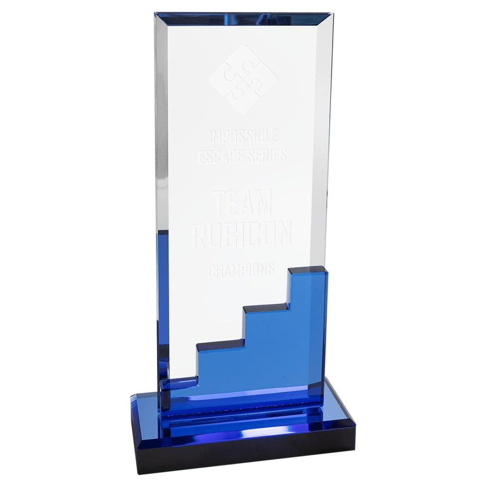 Personalized Blue Crystal Award, Staircase on Mirror Base - 9 1/2" Tall