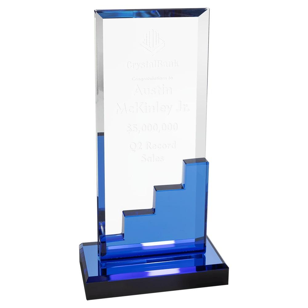 Personalized Blue Crystal Award, Staircase on Mirror Base - 8 5/8" Tall