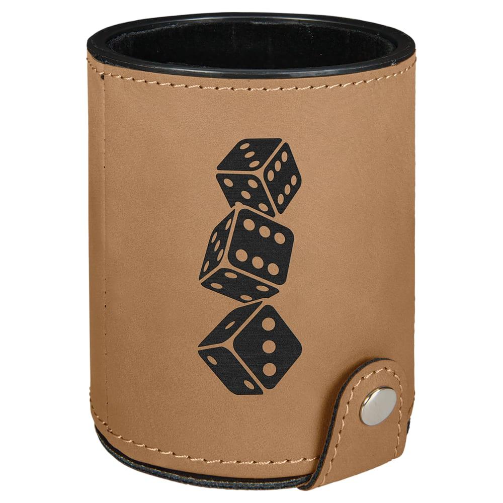 Personalized Dice Cup with 5 Dice, Engraved Faux Leather - Light Brown