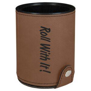 Personalized Dice Cup with 5 Dice, Engraved Faux Leather - Dark Brown