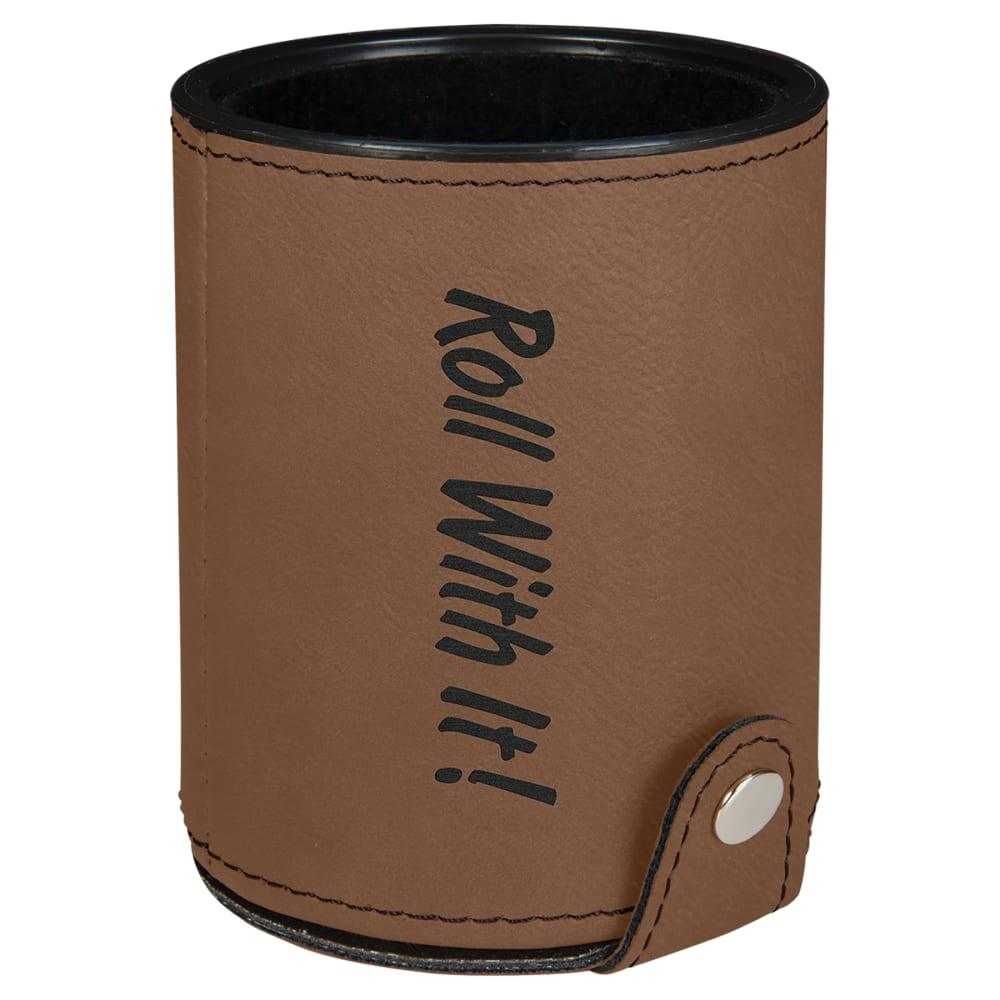 Personalized Dice Cup with 5 Dice, Engraved Faux Leather - Dark Brown