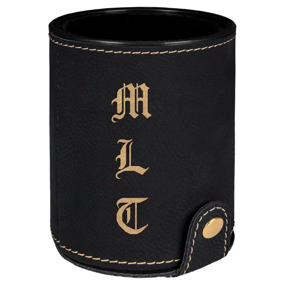 Personalized Dice Cup with 5 Dice, Engraved Faux Leather - Black/Gold
