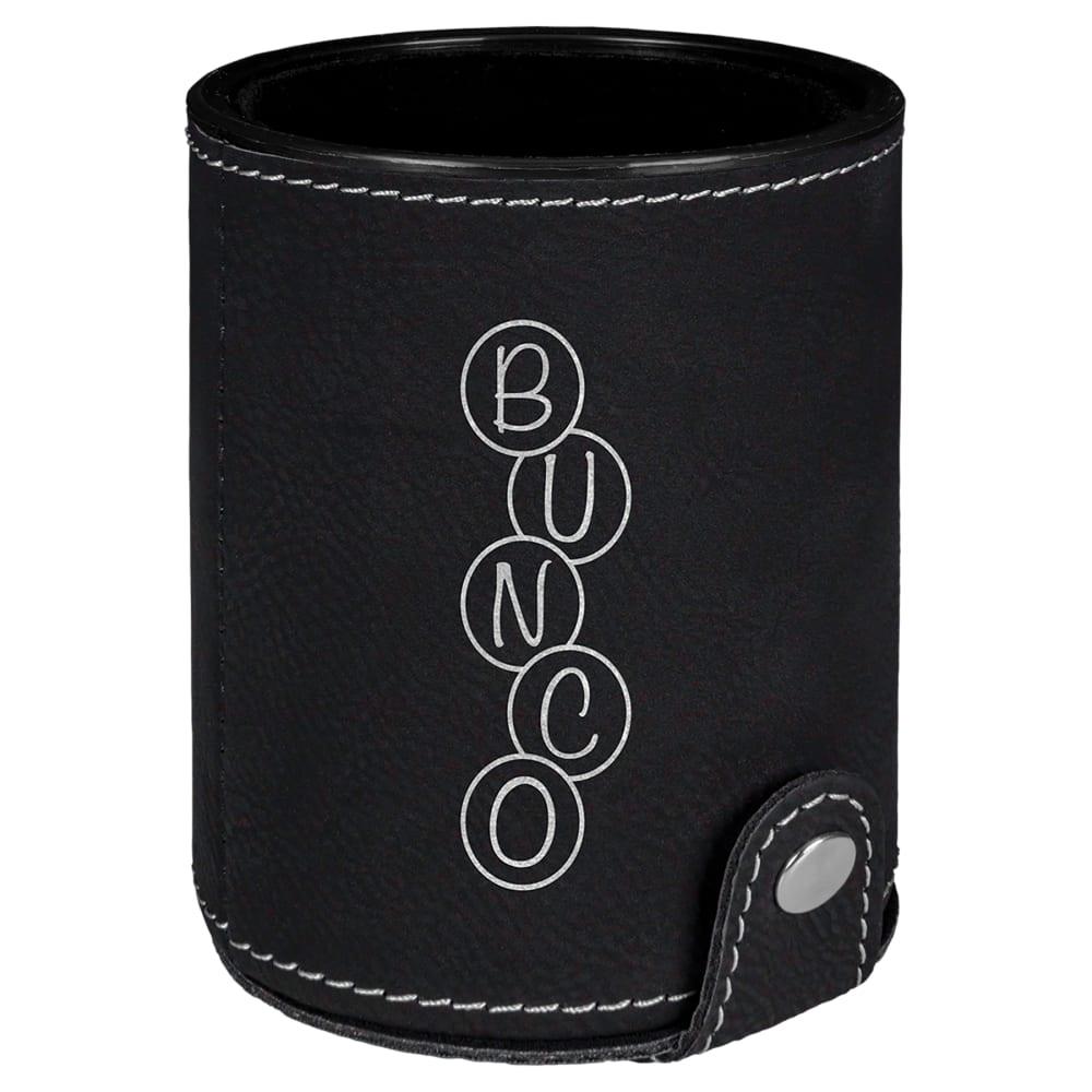 Personalized Dice Cup with 5 Dice, Engraved Faux Leather - Black/Silver