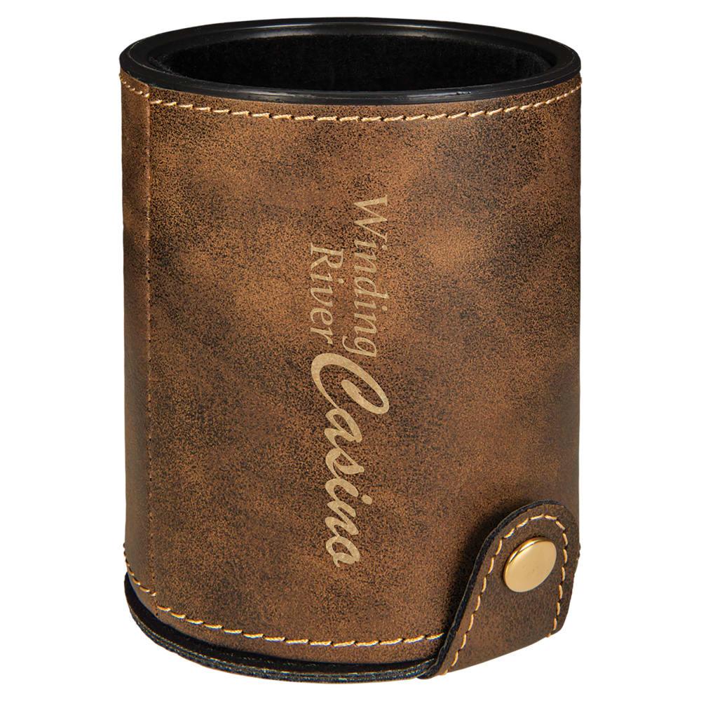Personalized Dice Cup with 5 Dice, Engraved Faux Leather - Rustic/Gold