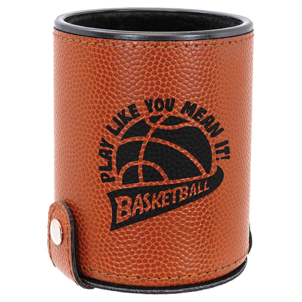 Personalized Dice Cup with 5 Dice, Engraved Faux Leather - Basketball