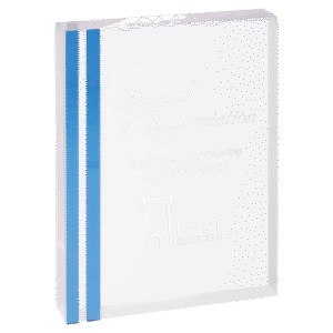 Personalized engraved clear acrylic award with blue edges