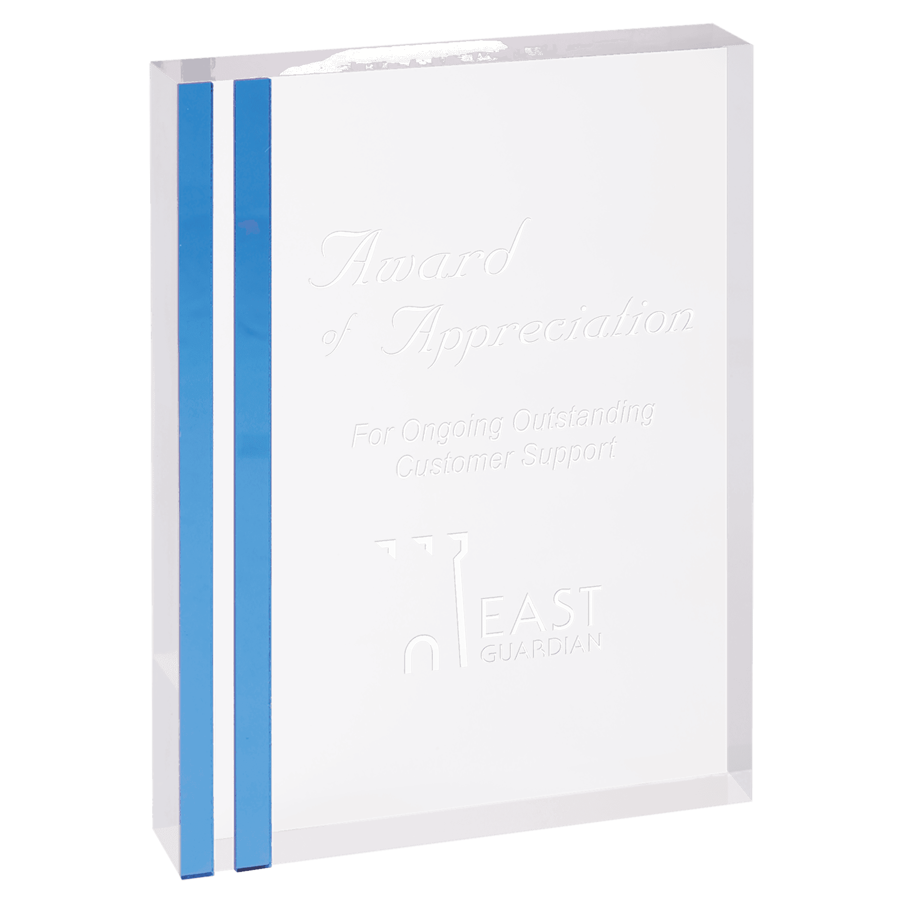 Personalized engraved clear acrylic award with blue edges