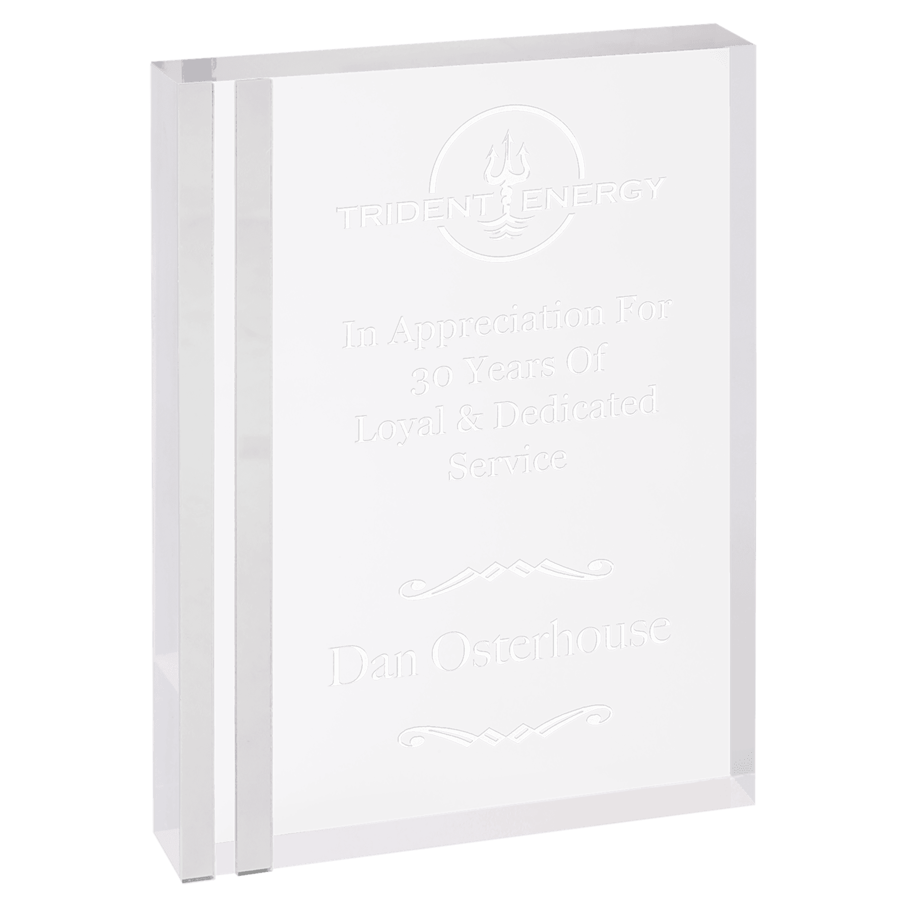 Personalized engraved clear acrylic award with silver edges