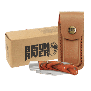 Personalized Bison River Wood Folding Knife with Leather Sheath