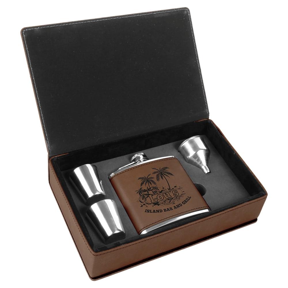 Personalized Flask Gift Box Set with Shot Glasses - Dark Brown