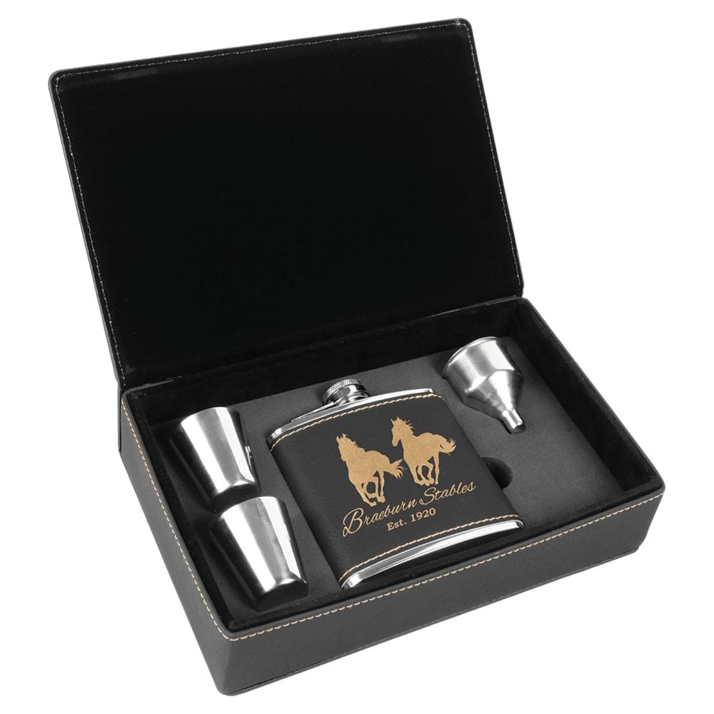 Personalized Flask Gift Box Set with Shot Glasses - Black/Gold