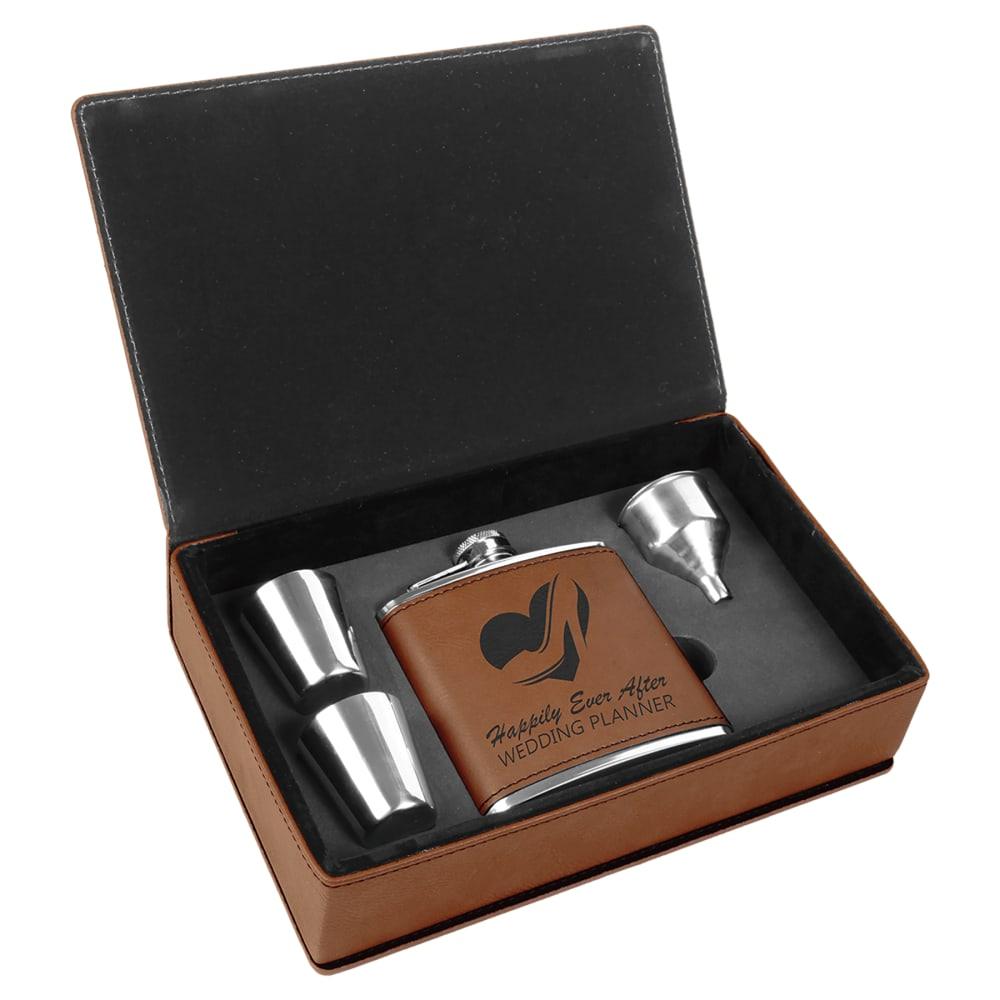 Personalized Flask Gift Box Set with Shot Glasses - Rawhide