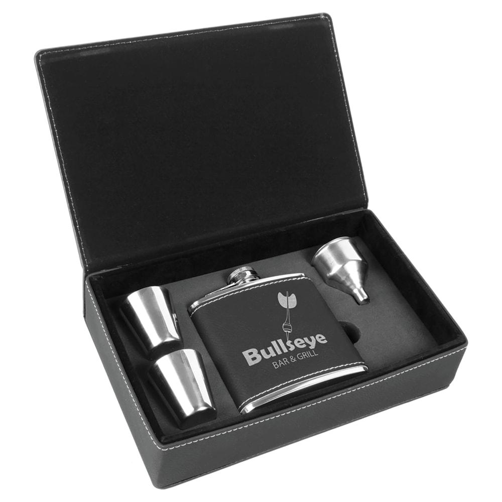 Personalized Flask Gift Box Set with Shot Glasses - Black/Silver