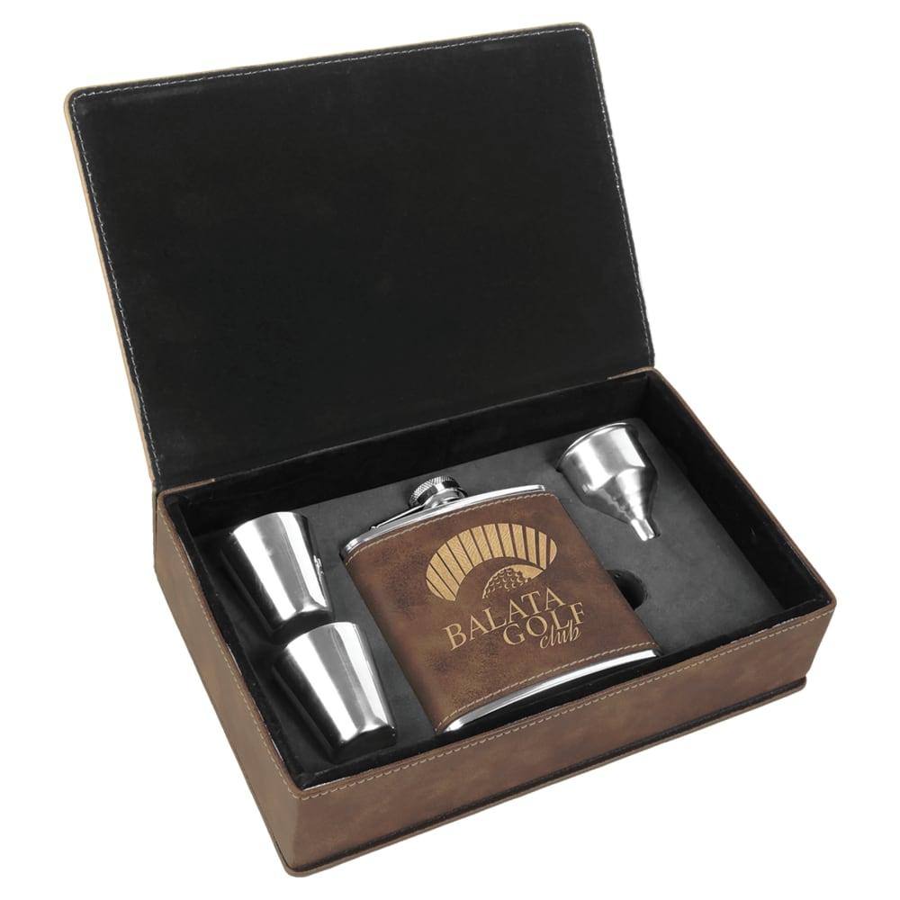 Personalized Flask Gift Box Set with Shot Glasses - Rustic/Gold