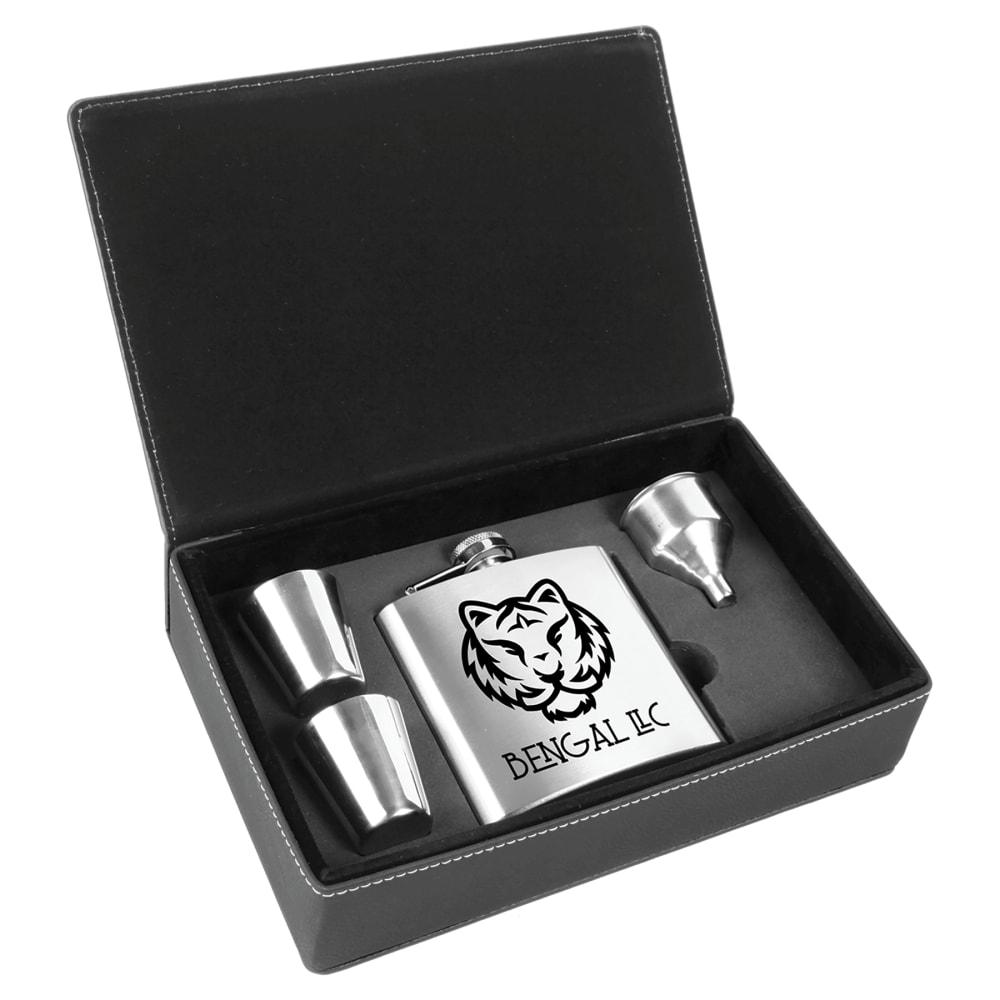 Personalized Flask Gift Box Set with Shot Glasses - Black/Silver Box, Stainless Flask