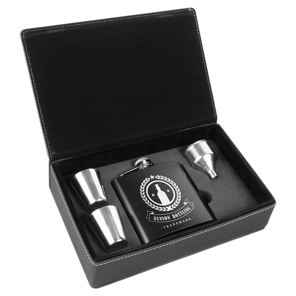 Personalized Flask Gift Box Set with Shot Glasses - Black/Silver Box, Black Flask