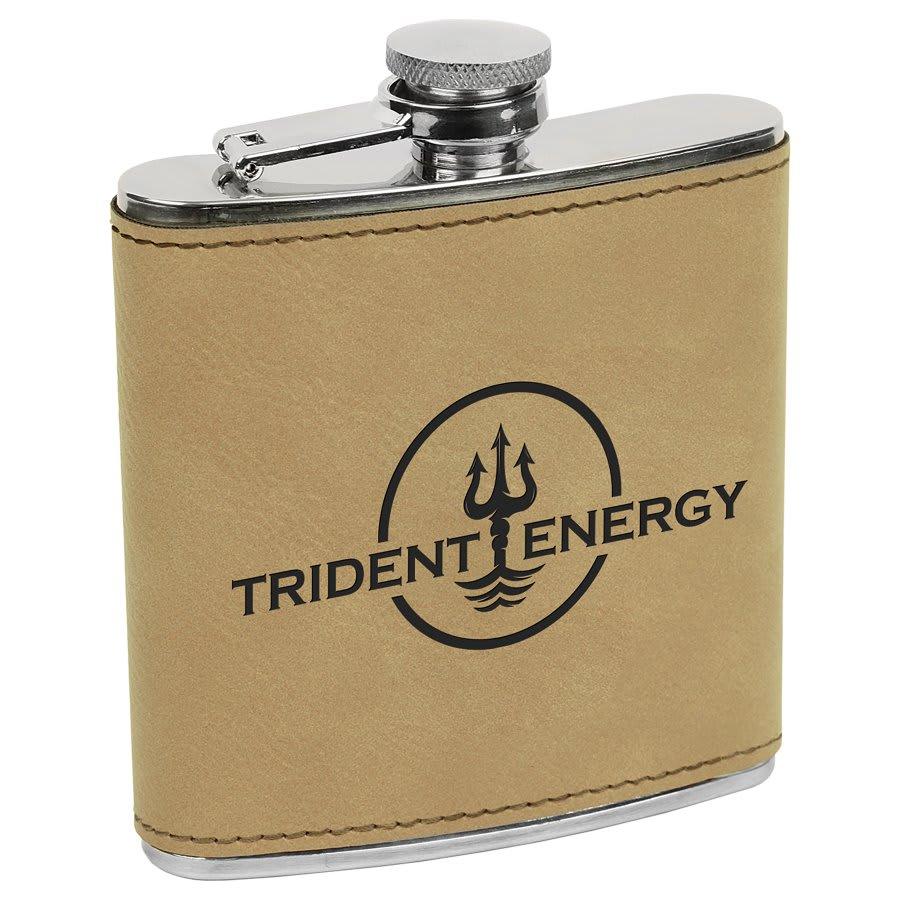 Personalized Faux Leather Flask, 6 oz Engraved - Light Brown
