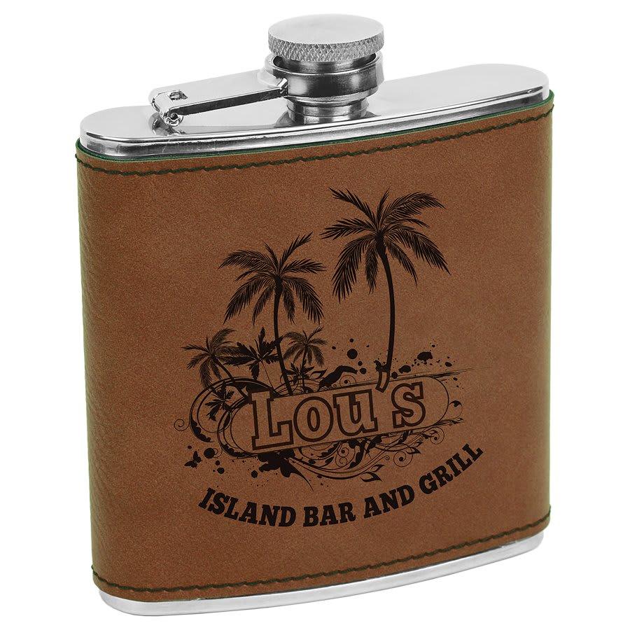 Personalized Faux Leather Flask, 6 oz Engraved - Dark Brown