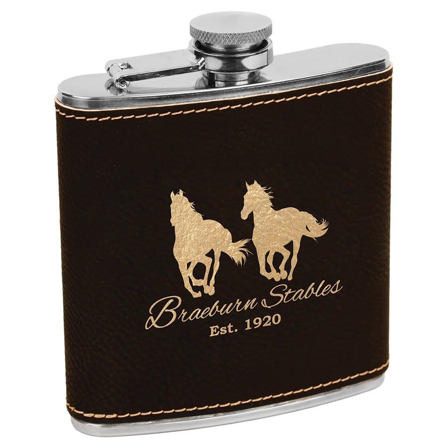 Personalized Faux Leather Flask, 6 oz Engraved - Black/Gold