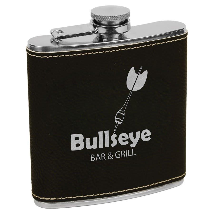 Personalized Faux Leather Flask, 6 oz Engraved - Black/Silver