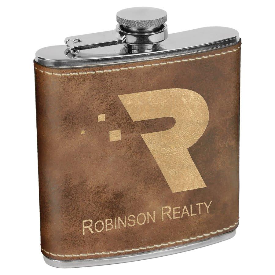 Personalized Faux Leather Flask, 6 oz Engraved - Rustic/Gold