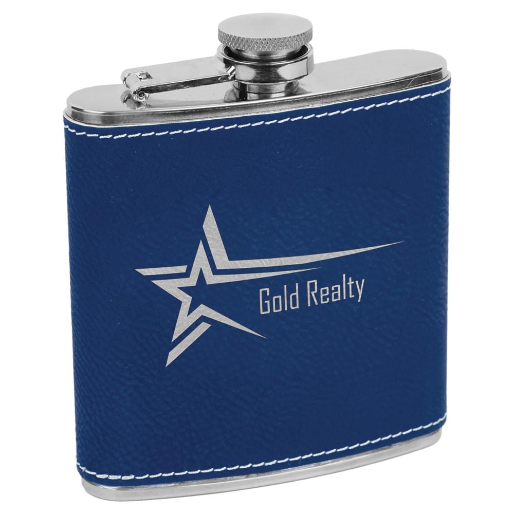 Personalized Faux Leather Flask, 6 oz Engraved - Blue/Silver