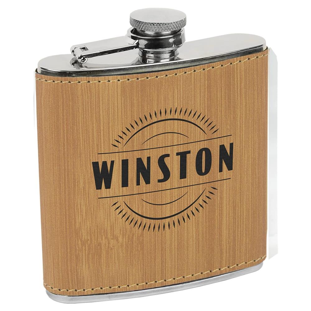 Personalized Faux Leather Flask, 6 oz Engraved - Bamboo