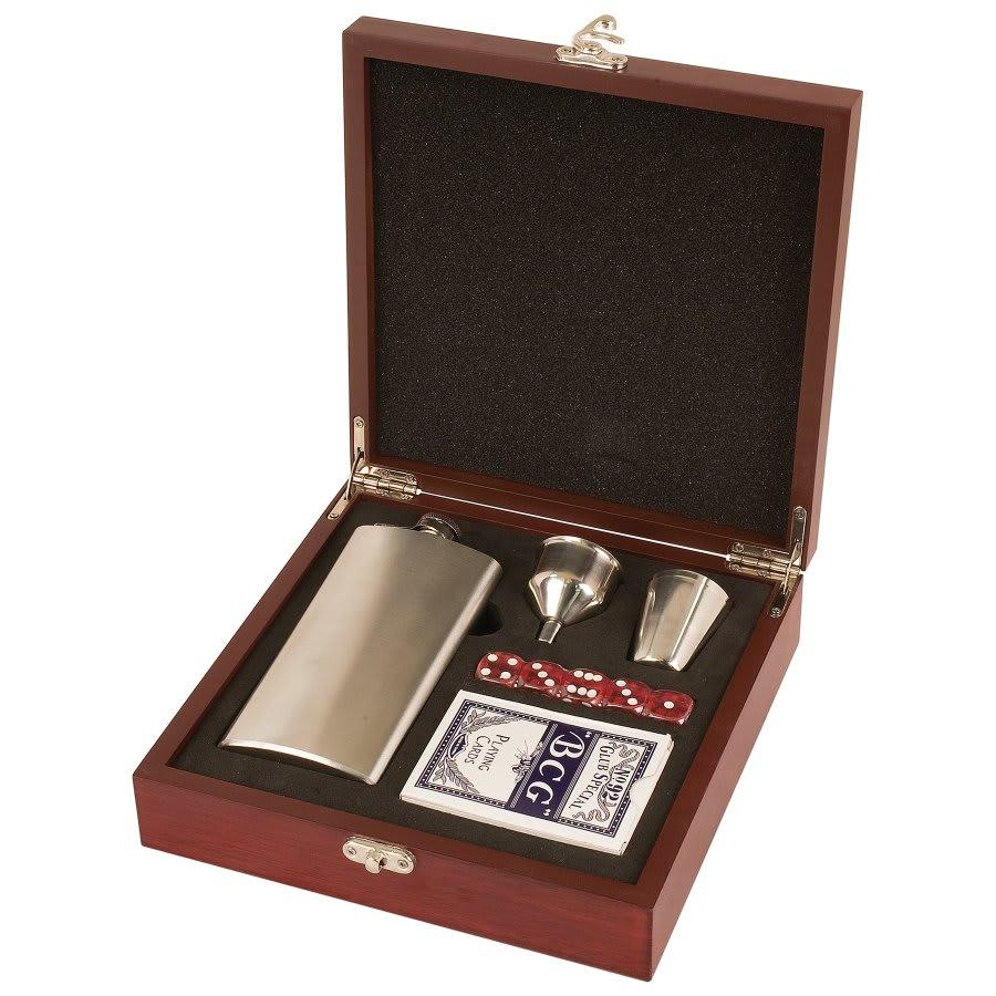 Personalized Flask Set with Presentation Box - Rosewood Game Set with Cards & Dice