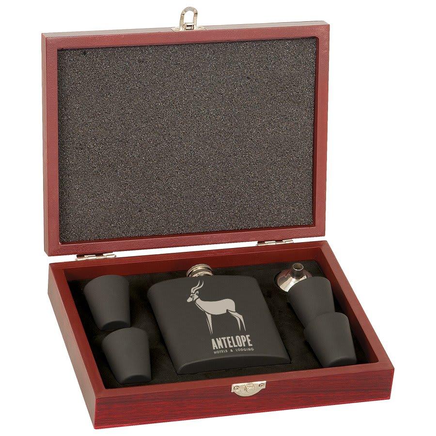 Personalized Flask Set with Presentation Box - Matte Black Flask with 4 Glasses, Rosewood Box