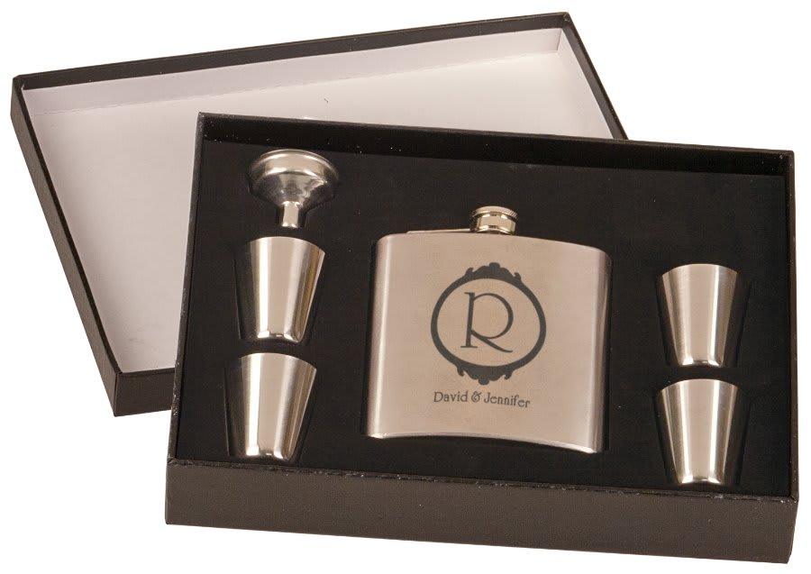 Personalized Flask Set with Presentation Box - Stainless Flask with 4 Glasses