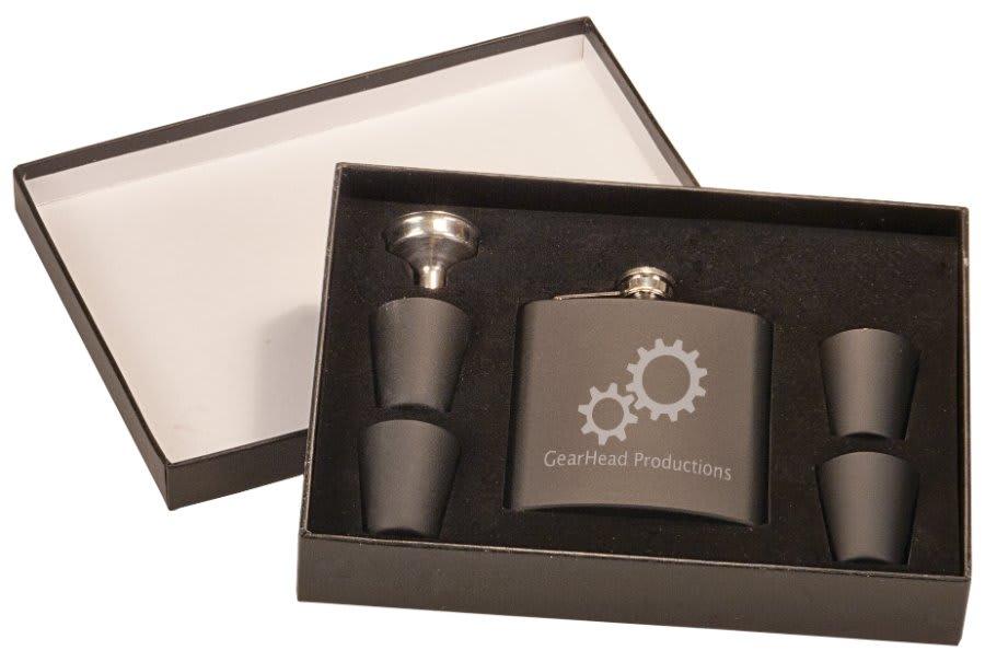Personalized Flask Set with Presentation Box - Matte Black Flask with 4 Glasses