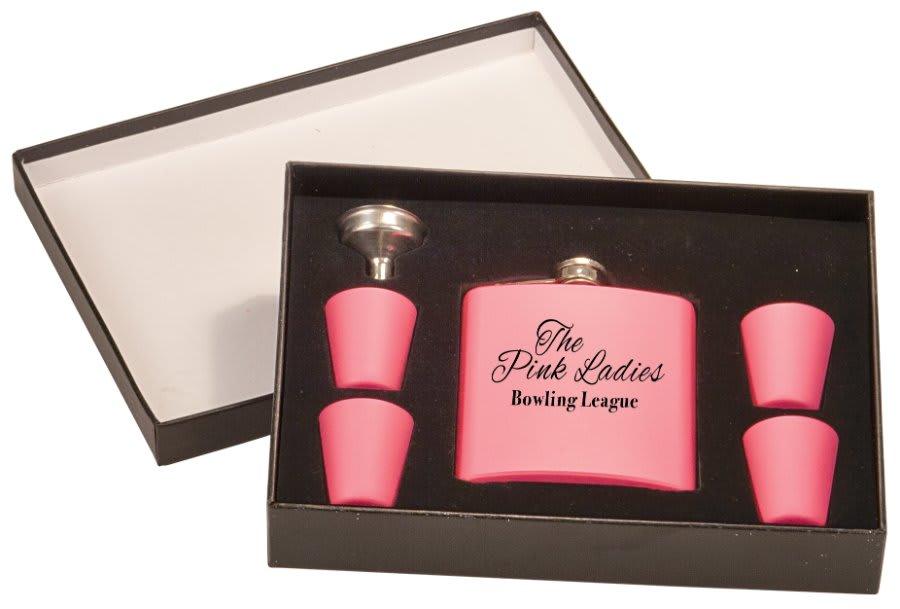 Personalized Flask Set with Presentation Box - Matte Pink Flask with 4 Glasses