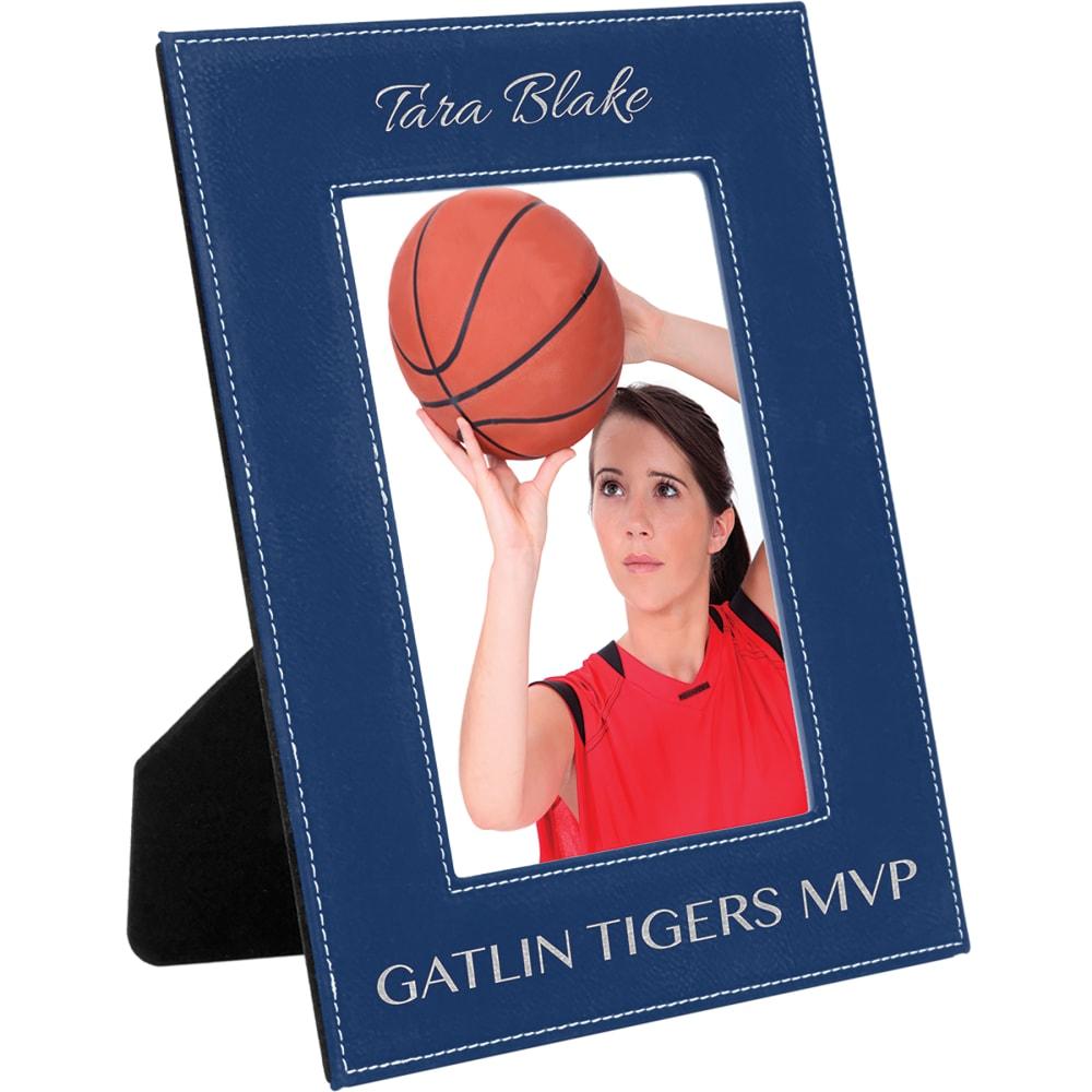 Personalized Leather Picture Frame, Engraved Faux Leather - 5" x 7", Blue & Silver
