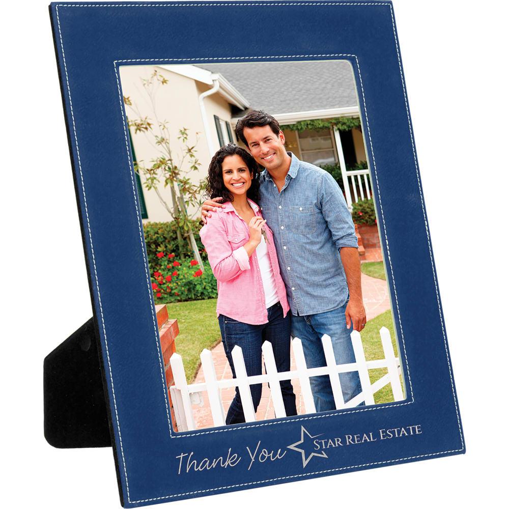 Personalized Leather Picture Frame, Engraved Faux Leather - 8" x 10", Blue & Silver