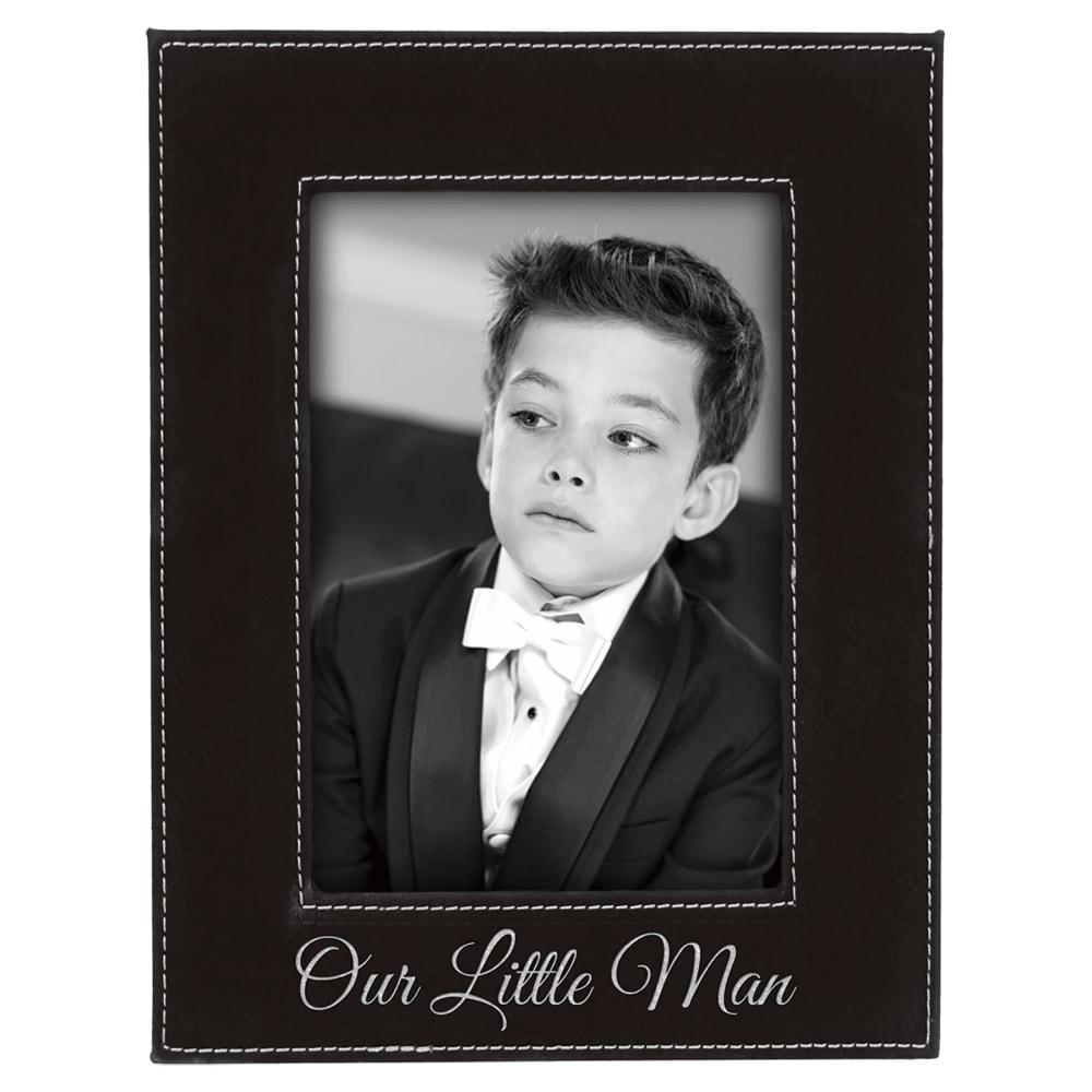 Personalized Leather Picture Frame, Engraved Faux Leather - 4" x 6", Black & Silver