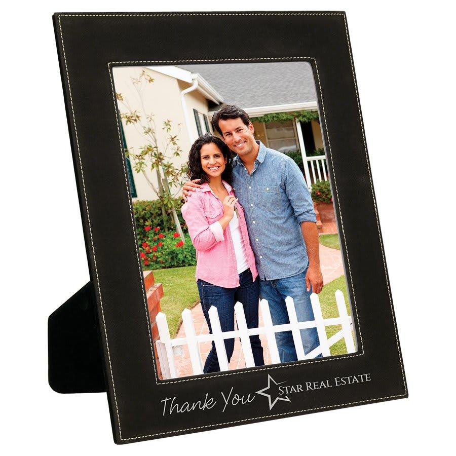 Personalized Leather Picture Frame, Engraved Faux Leather - 8" x 10", Black & Silver