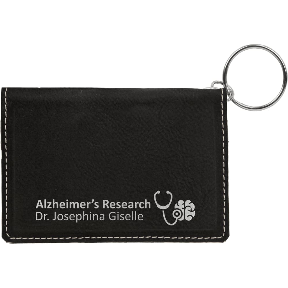 Personalized Keychain ID Holder, Engraved Faux Leather - Black/Silver