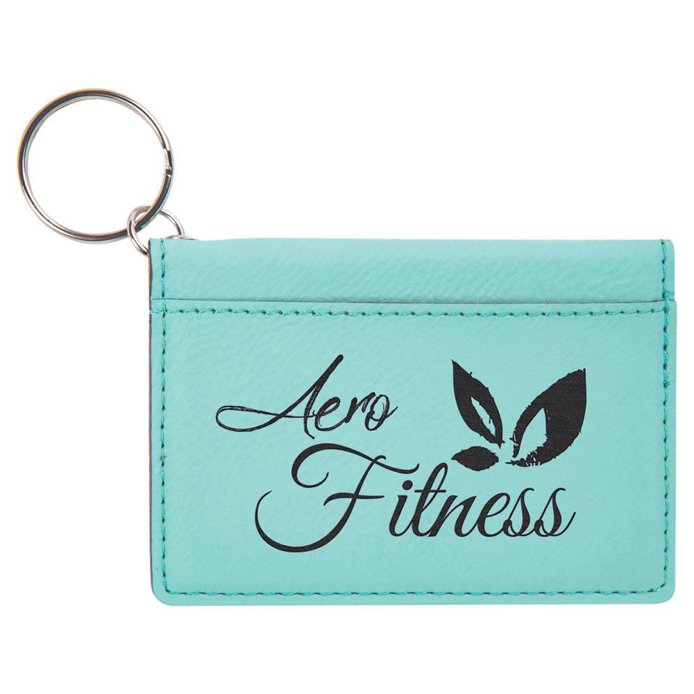 Personalized Keychain ID Holder, Engraved Faux Leather - Teal