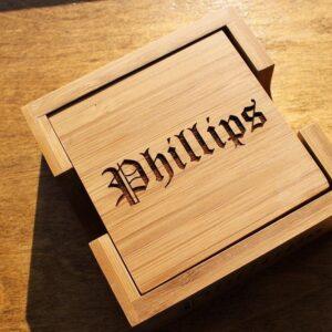 Personalized Bamboo Coaster Set with Holder