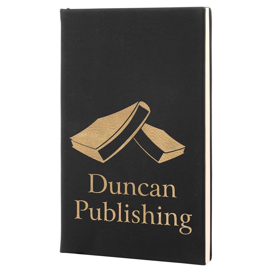 Personalized Leather Journal, Engraved Faux Leather Notebook - 5 1/4" x 8 1/4", Black & Gold