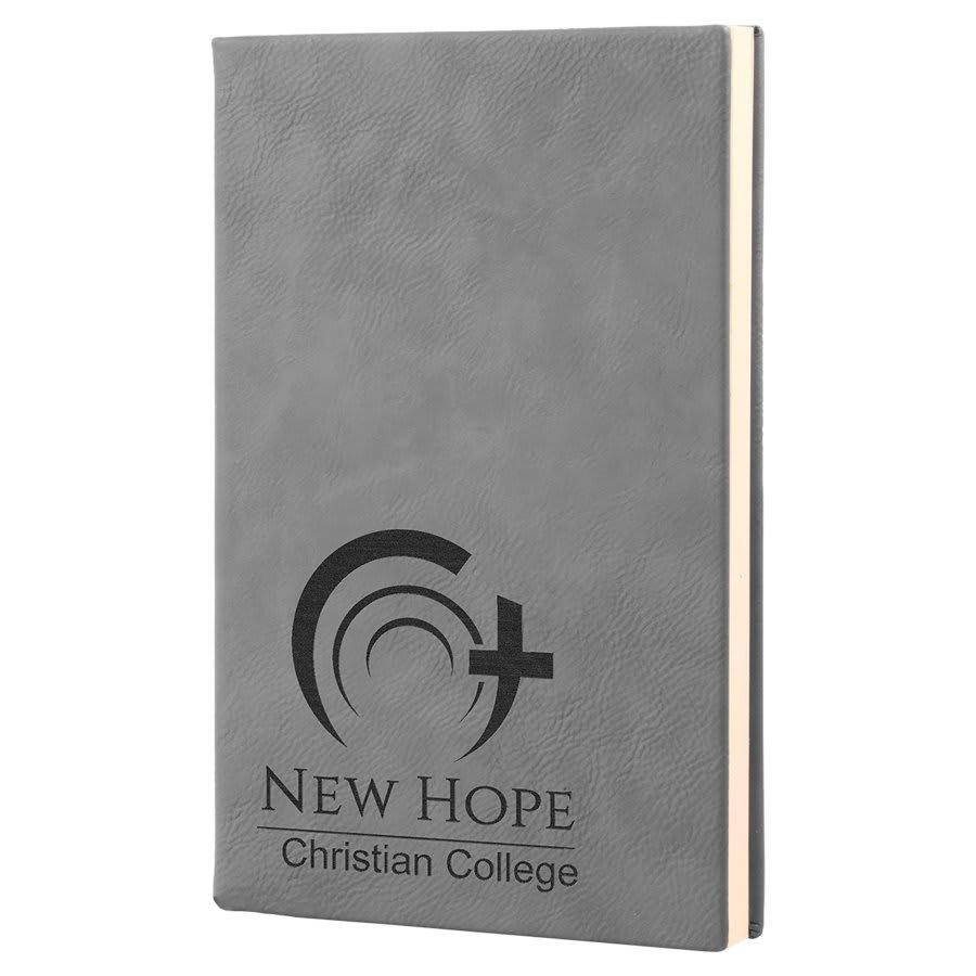 Personalized Leather Journal, Engraved Faux Leather Notebook - 5 1/4" x 8 1/4", Gray