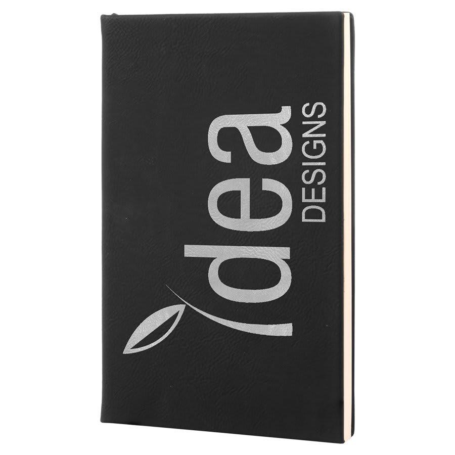 Personalized Leather Journal, Engraved Faux Leather Notebook - 5 1/4" x 8 1/4", Black & Silver
