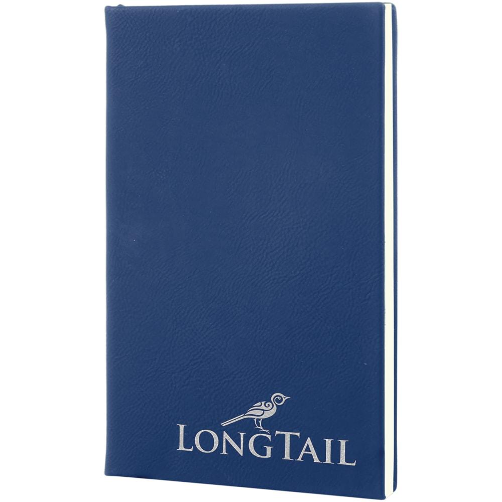 Personalized Leather Journal, Engraved Faux Leather Notebook - 5 1/4" x 8 1/4", Blue & Silver