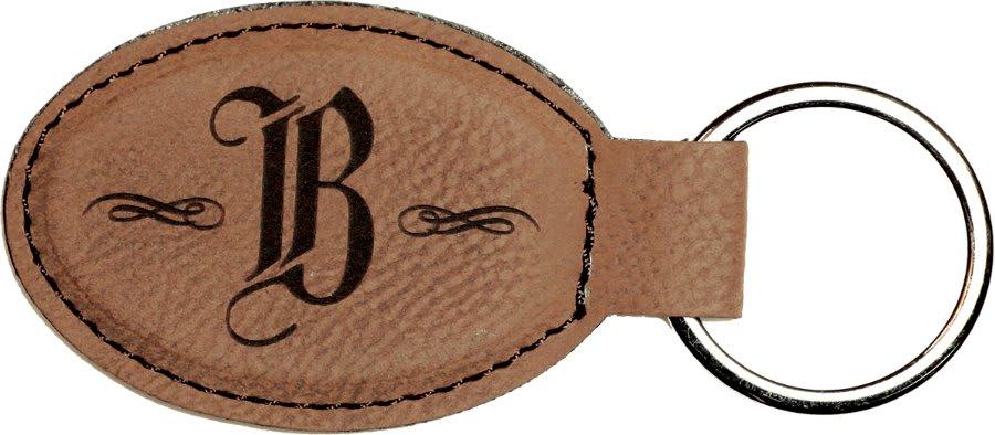 Personalized Leather Keychain, Engraved Faux Leather - Oval, 3" x 1 3/4", Dark Brown